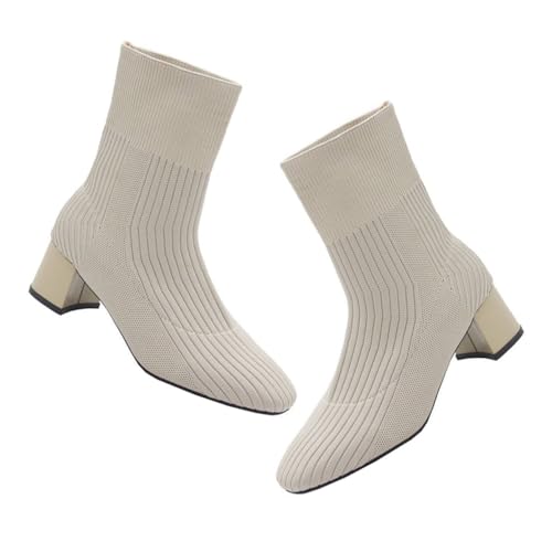 CLISPEED Chunky Heel Damen Stiefeletten Herbst Woven Upper Boots mit Quadratischer Spitze Stabilem Absatz Atmungsaktivem Strickmaterial Rutschfest und Bequem für Alltag und Geschenk von CLISPEED