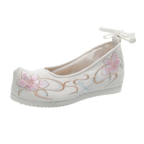 CLISPEED Damen Chinesische Stickerei Schuhe Ethno Stil Leicht Anzuziehen rutschfeste Sohle Baumwolle Canvas Traditionelle Hanfu Schuhe für Festliche Anlässe Bühne Weiß von CLISPEED
