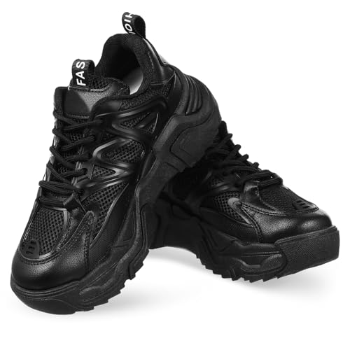 CLISPEED Damen Chunky Sneakers mit Dicken Sohlen Robuste PU Sportschuhe rutschfeste Plateauschuhe Modische Turnschuhe für Alltag und Outdoor Schwarz von CLISPEED