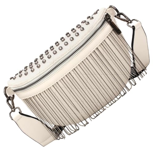 CLISPEED Damen Crossbody Tasche mit Nieten und Fransen Modische Weiße Umhängetasche mit Breitem Gurt Große Kapazität Leichte Brusttasche für Shopping Alltag und Partys von CLISPEED