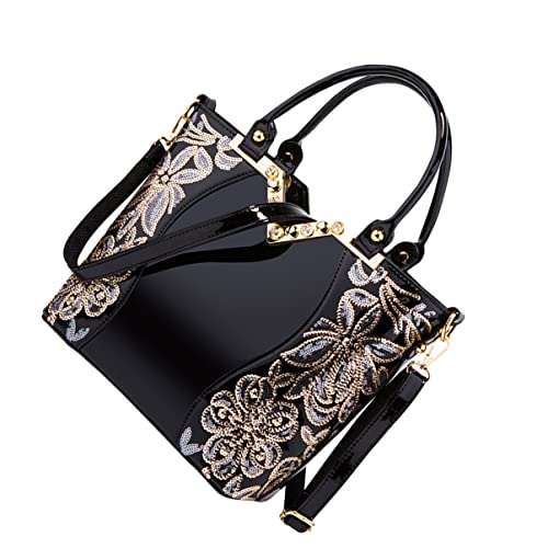 CLISPEED Damen Handtasche mit Stickdesign Praktische Umhängetasche für Reisen Shopping und Alltag Schwarz Leicht und Tragbar für Frauen von CLISPEED