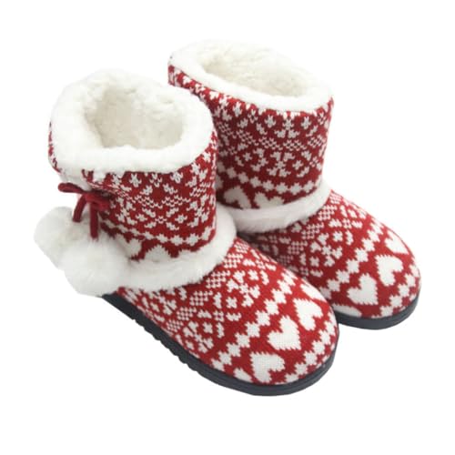 CLISPEED Damen Hausschuhe Baumwolle Winter Schuhe mit Dickem Rutschfestem Gummisohlen Warm Gefüttert Rot Weiche Plüschfütterung Innenbereich Gemütliche Schneestiefel für Kalte Tage von CLISPEED