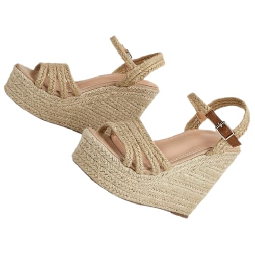 CLISPEED Damen Keilsandalen aus Geflochtenem Hanfseil Atmungsaktiv Leicht Verstellbar mit Dickem Plateauabsatz Sommerschuhe für Strand Party und Freizeit von CLISPEED