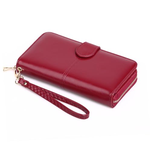 CLISPEED Damen Langbörse aus Ölgewachstem PU mit Reißverschluss und Druckknopf Geräumiger Kartenhalter und Münzfach Handtasche für Alltag und Outdoor von CLISPEED