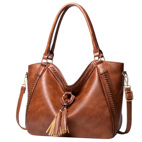 CLISPEED Damen PU Umhängetasche mit Quaste Vintage Crossbody Bag Große Handtasche Strapazierfähig Modisch Vielseitig für Alltag und Freizeit Braun von CLISPEED