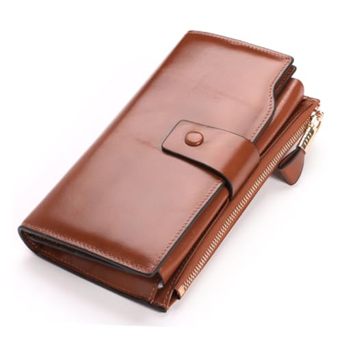 CLISPEED Damen Portemonnaie Lang Braun Retro Geldbörse mit Reißverschluss und Druckknopf Verschluss Großes Fassungsvermögen Münzfach und Kartenfächer Handliche Geldtasche für Alltag und von CLISPEED
