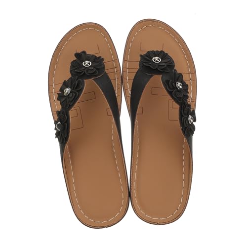 CLISPEED Damen Sandalen Schwarz Sommer Schuhe Strand Slipper Blumenmuster Komfortable Plateausohle Rutschfest Lässige Freizeit Fußbekleidung von CLISPEED