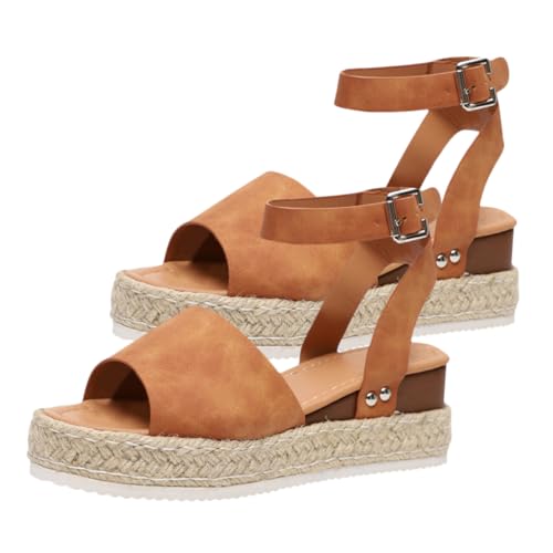 CLISPEED Damen Sandalen mit Dicker Sohle Flach Geflochtene Strohsandalen Sommer Schuhe Braun Lässige Mode Fußbekleidung Rutschfest Langlebig von CLISPEED