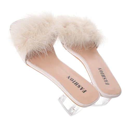 CLISPEED Damen Sommerschuhe Slipper mit Chunky Absatz Atmungsaktive Offene Zehen Pantoletten Bequeme Pu hausschuhe für Innen und Außen Modische Flache Sandalen in Beige von CLISPEED