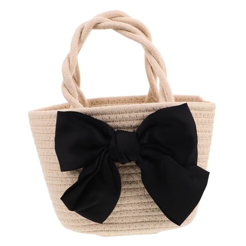 CLISPEED Damen Strohtasche mit Farblich Abgesetztem Flechtmuster und Handgefertigter Baumwollkordel Modische Umhängetasche mit Schickem Schleifendetail Langlebig und Pflegeleicht für von CLISPEED