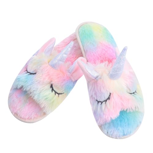 CLISPEED Einhorn Hausschuhe für Damen Warme Rutschfeste Herbst Winter Pantoffeln mit Weichem Farbigem Plüsch Offener Zehenbereich Leicht und Langlebig für Drinnen von CLISPEED