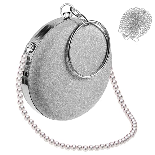 CLISPEED Elegante Damen Clutch Abendtasche Rundes Design mit Abnehmbarer Perlenkette und Metallring für Hochzeit Party Bankett Cocktail Stilvolle Handtasche in Silbergrau und Weiß Kompakte von CLISPEED