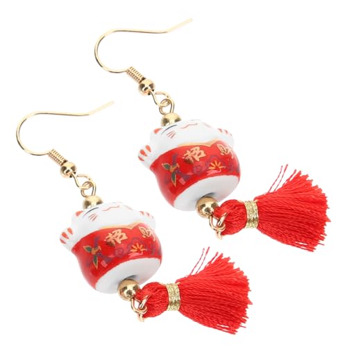 CLISPEED Glückskatze Ohrhänger Damen Schmuck Leichtes Langlebiges Baumwollfaden Rot Tassel Ohrringe für Party Alltag von CLISPEED