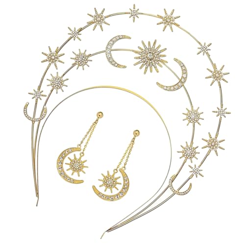 CLISPEED Göttinnen Stern und Mond Haarschmuck Goldfarben Tiara Stirnband mit Ohrringen für Hochzeit Geburtstag Karneval Stilvoller Kopfschmuck für Damen und Frauen von CLISPEED
