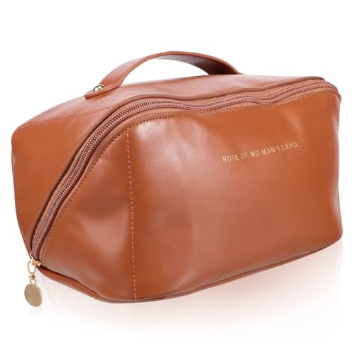 CLISPEED Große Kapazität Kosmetiktasche mit Tragegriff Weit Öffnender Kulturbeutel aus Leder Braun Reise Toiletry Bag für Make up und Pflegeprodukte Praktischer Organizer mit Viel Stauraum von CLISPEED