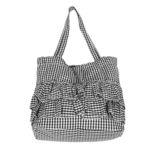 CLISPEED Große Karierte Canvas Tote Bag mit Rüschen für Damen Modische Schultertasche mit Großer Kapazität Geräumig und Wiederverwendbar für Schule Alltag Urlaub und Shopping Schwarz von CLISPEED
