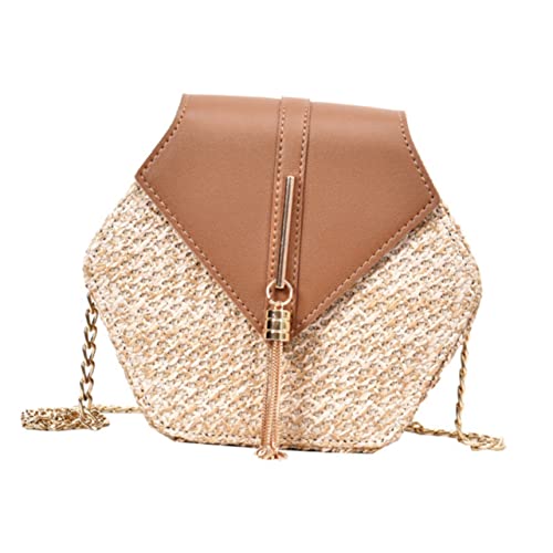 CLISPEED Handgefertigte Damen Strandtasche aus Geflochtenem Stroh mit Kettengurt und Quaste Leichte Umhängetasche für Alltag Reisen Strandparty und Shopping Modisches Accessoire in Braun von CLISPEED