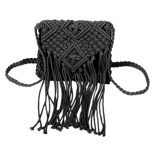 CLISPEED Handgefertigte Kleine Damen Crossbody Bag aus Strohhalsbändern mit Modischen Quasten Leichter Schultertasche für Strand Urlaub und Alltag Klassische Schwarze Umhängetasche von CLISPEED