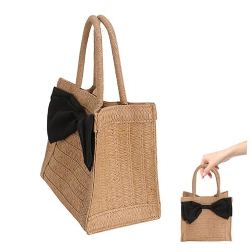 CLISPEED Handgefertigte Strohtasche mit Schleifen Detail Robuste Strandtasche für Damen Leichte Outdoor Handtasche Einkaufstasche für Urlaub und Freizeit Braun von CLISPEED