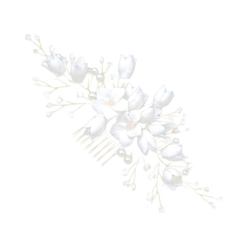 CLISPEED Handgefertigter Weißer Polymer Clay Haarkamm mit Blumen Perlen und Kristallperlen Brautschmuck Steckkamm für Hochzeit Vielseitiger Haarschmuck für Braut und Festtagsfrisuren von CLISPEED
