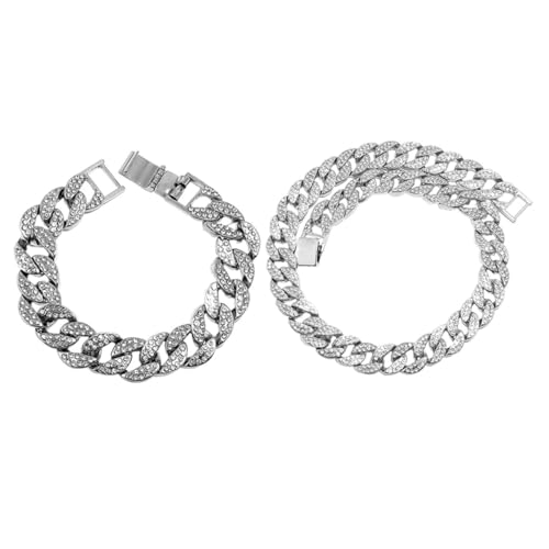 CLISPEED Herren Hip Hop Schmuck Teilig Silberfarbene Kubanische Link Chain Halskette und Armband mit Funkelnden Strasssteinen Besetzt Modisches Accessoire für Männer von CLISPEED
