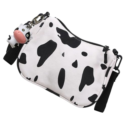 CLISPEED Japanischer Stil Canvas Schultertasche mit Reißverschluss Tragbare Umhängetasche mit Kuhmuster Anhänger Vielseitige Aufbewahrungstasche für Alltag Shopping Reisen und Schule von CLISPEED