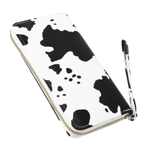 CLISPEED Kompakte Damen Geldbörse mit Kuhmuster Mehrfache Fächer PU Tragbar Reißverschluss Schlankes Portemonnaie für Reise und Alltag Praktische Clutch mit Münzfach und Kartenfächern von CLISPEED