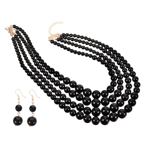 CLISPEED Mehrlagiges Damen Perlenkette mit Perlenohrringen Mehrschichtige Schmuckkollektion für Braut und Festliche Anlässe Modisches Beaded Earrings Damen Schmuckset in Schwarz von CLISPEED