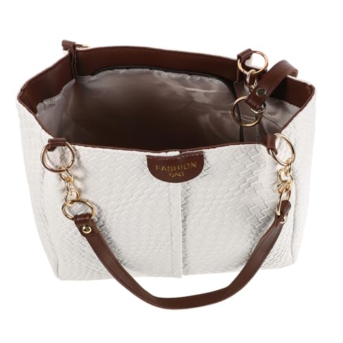 CLISPEED PU Damen Handtasche Geflochtene Schultertasche Mittelgroße Sommer Strand Tote Bag Weiß Braun Modischer Alltagstasche mit Viel Stauraum und Praktischer Innenaufteilung von CLISPEED