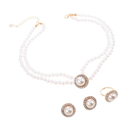 CLISPEED Perlen Schmuckset mit Imitationsperlen und Strasssteinen Teiliges Halskette Ohrringe Ring Set für Braut Hochzeit Abendveranstaltungen Elegantes Vintage Design für Damen von CLISPEED