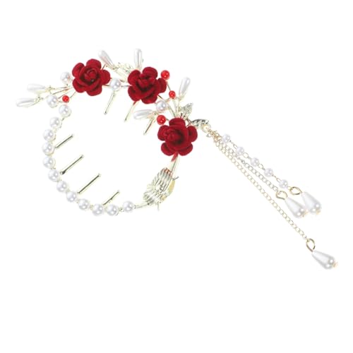 CLISPEED Ponytail Cuff Haarklammer mit Rosen Perlen und Tassel kette Vintage Haarschmuck Damen Vielseitiger Haarschmuck für Pferdeschwanz und Dutt Geeignet für Party und Alltag von CLISPEED