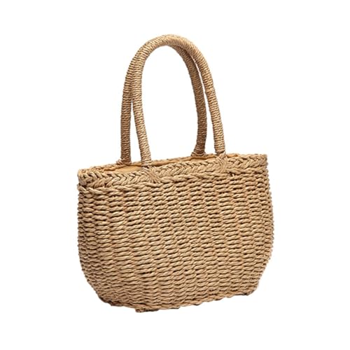 CLISPEED Praktische Handgewebte Tragetasche aus Weizenstroh Moderater Stauraum Kordelzug Handtasche Damen Leichte Umhängetasche für Strand Arbeit und Reisen Khaki von CLISPEED