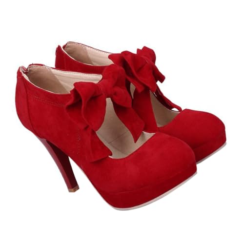 CLISPEED Runde Damenschuhe mit Schleife Modische High Heels Bequem und Atmungsaktiv Langlebiges Material für Alltag und Besondere Anlässe Rot von CLISPEED