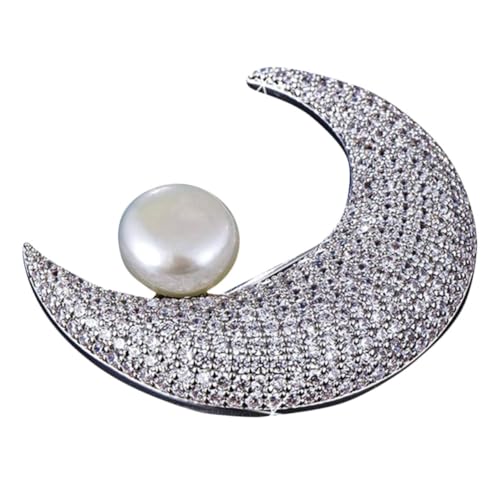 CLISPEED Schimmernde Mondbrosche mit Perlen und Strass Eleganter Krageneinsatz für Damen Vielseitige Anstecknadel für Hemden Festliche Schmuckdekoration zu Hochzeit Weihnachten von CLISPEED
