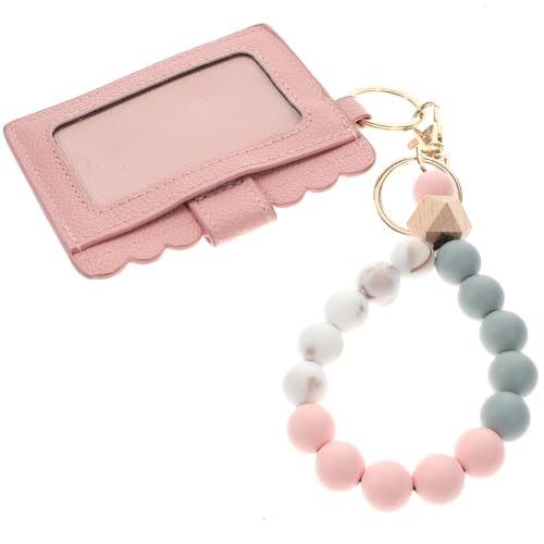 CLISPEED Schlüsselanhänger Kartenhalter Armband Holzperlen Design mit Kartenetui Kleine Beuteltasche für Ausweise und Schlüssel Damen Rosa von CLISPEED