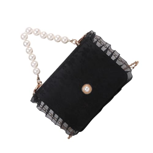 CLISPEED Schwarze Umhängetasche Damen mit Perlenkette Leichte Crossbody Bag Modische Lace Chain Schultertasche für Alltag Party und Shopping Tragbare Handtasche mit Mittlerer von CLISPEED