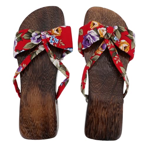 CLISPEED Sommer Sandalen Damen Holzclogs mit Flacher Rutschfester Sohle Atmungsaktives Hautfreundliches Material Modische Filigrane Slipper für Alltag und Freizeit Rotes Doppelband von CLISPEED