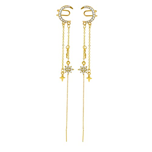 CLISPEED Star Mond Ohrclip Ohrringe Damen Ohrklemme mit Quasten Kette kein Piercing Leicht und Modischer Ohrschmuck für Mädchen Geeignet für Geburtstag Hochzeit Party von CLISPEED