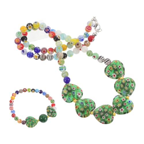 CLISPEED Stil Schmuckset Damen Herz Glasperlen Halskette Armband Set Bunte Blumendetails Elegant Leicht Tragbar Für Alltag und Festliche Anlässe von CLISPEED