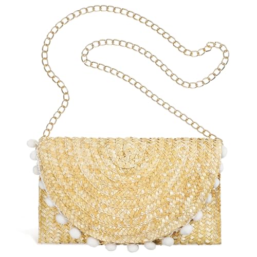 CLISPEED Strand Strohtasche Damen Umhängetasche mit Weißem Fellbommel Boho Schultertasche Casual Beach Bag für Reisen Alltag von CLISPEED