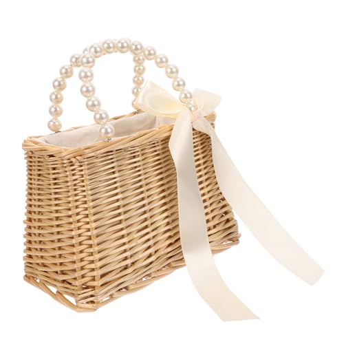 CLISPEED Strandtasche Damen Handgefertigt aus Robustem Stroh mit Perlenhenkel Handtasche für Strand und Alltag Kompakte Tragbare Damen Tasche für Lippenstift Handy und Kleine Essentials von CLISPEED