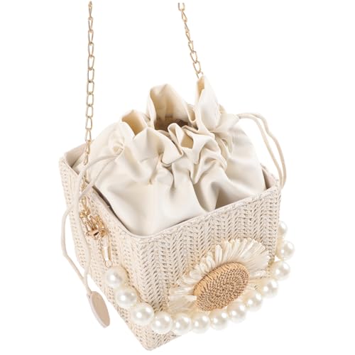 CLISPEED Strandtasche Damen Kleine Stroh Geflochtene Crossbody Bag Mit Perlenkette Drawstring Handtasche Für Frauen Chic Vielseitig Alltag Strand von CLISPEED