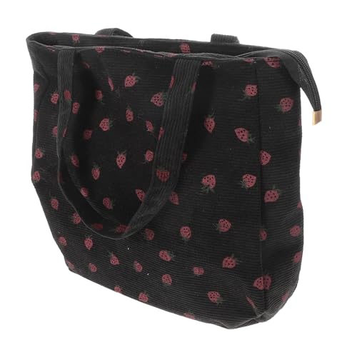 CLISPEED Strawberry Print Tote Bag mit Reißverschluss Große Schultertasche aus Robustem Baumwollstoff Geräumig für Schule Arbeit Einkauf Alltag Damen Modische Stofftasche Schwarz von CLISPEED