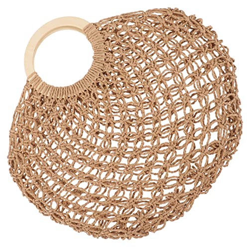 CLISPEED Stroh tasche Damen Sommer Runde Strandtasche mit Holzgriff Geflochtene Netzoptik Große Kapazität Leichter Strohtote für Freizeit Shopping Party und Urlaub von CLISPEED