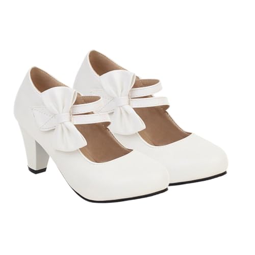 CLISPEED Stylische Damen High Heels mit Breitem Absatz und Elegantem Schleifen Design rutschfeste Halbschuhe für Büro Party Hochzeit und Alltag Komfortabel und Langlebig Weiß von CLISPEED