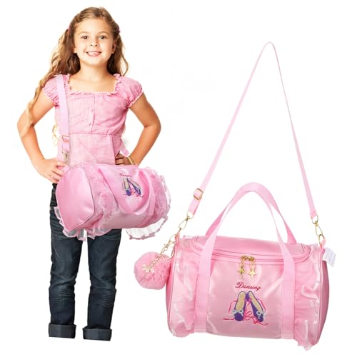 CLISPEED Tanztasche für Mädchen mit Besticktem Ballettmuster Große Kapazität Hand und Umhängetasche Abnehmbare Schulterriemen mit Flauschigem Schlüsselanhänger für Ballett und von CLISPEED