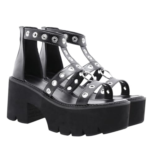 CLISPEED Thick Sole Open toe High heeled Sandals Damen Metallring Sandaletten mit Modischem Design für Sommer Vielseitig Kombinierbar für Party Arbeit Hochzeit Schwarz von CLISPEED