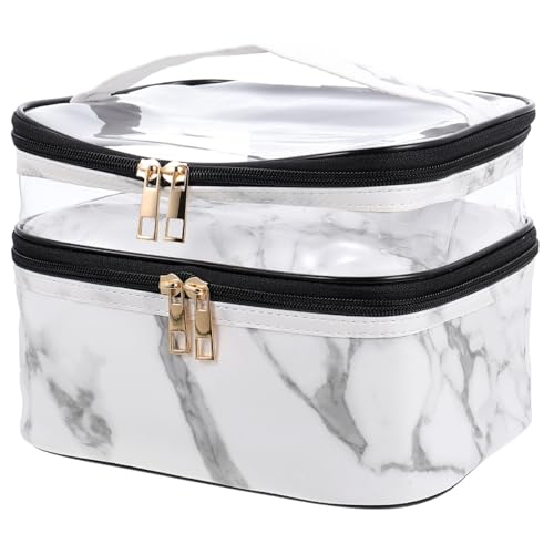 CLISPEED Tragbare Kosmetiktasche PVC Doppel Lagen Weißer Marmor Kulturbeutel mit Reißverschluss für Make up und Reise toilettenartikel Organizer von CLISPEED