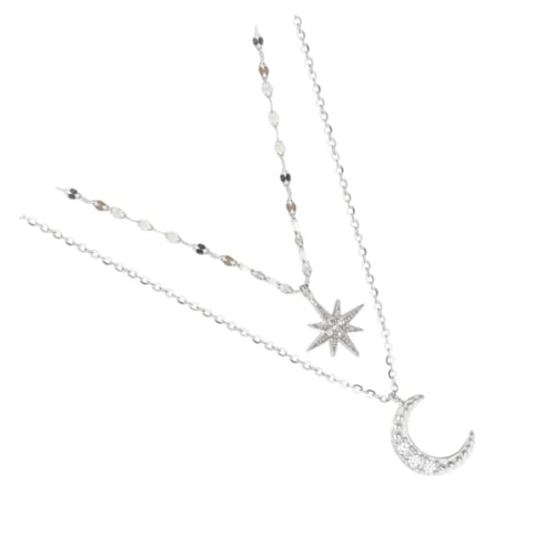 CLISPEED Verstellbare Mehrlagige Choker Halskette Damen mit Funkelnden Strass Stern und Mond Anhänger Silber Doppellagig Eleganter Schmuck für Alltag und Festliche Anlässe von CLISPEED