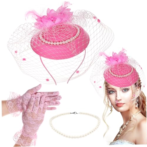 CLISPEED Vintage Fascinator Set Damen Netzschleier Haarschmuck mit Perlenkette und Handschuhen Jahre Tea Party Accessoires Eleganter Kopfschmuck für Hochzeit Garten und Tanzparty von CLISPEED